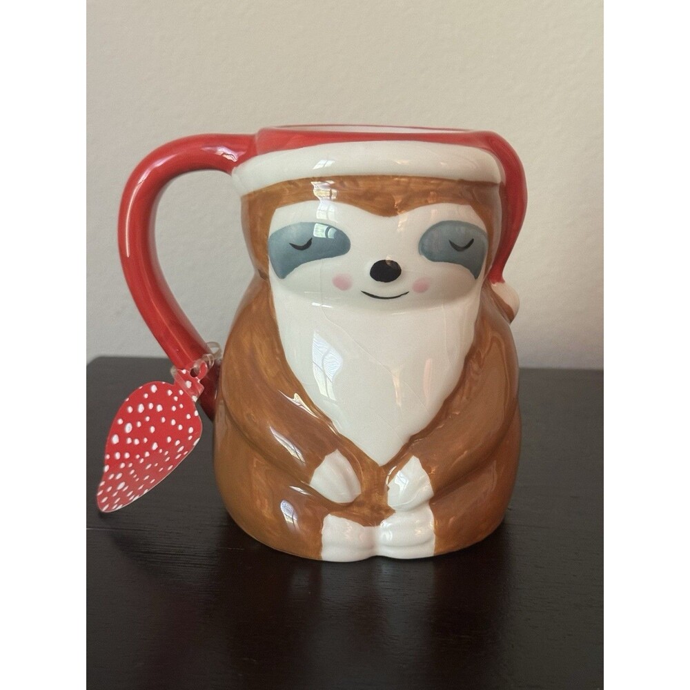 Holiday Sloth Mug with Red Handle and Santa Hat Design “Slothaclaus” NEW